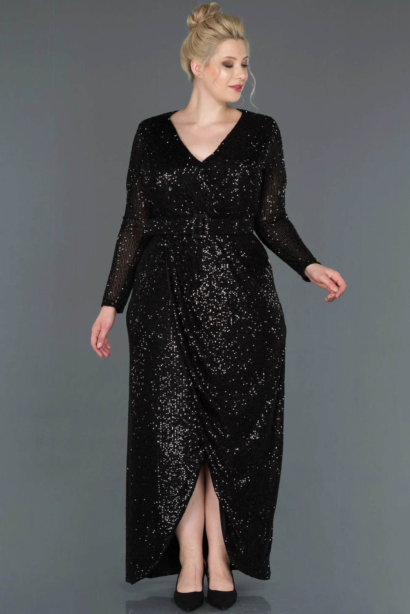 15693 Black Draped Belted Sequins Slit Dress