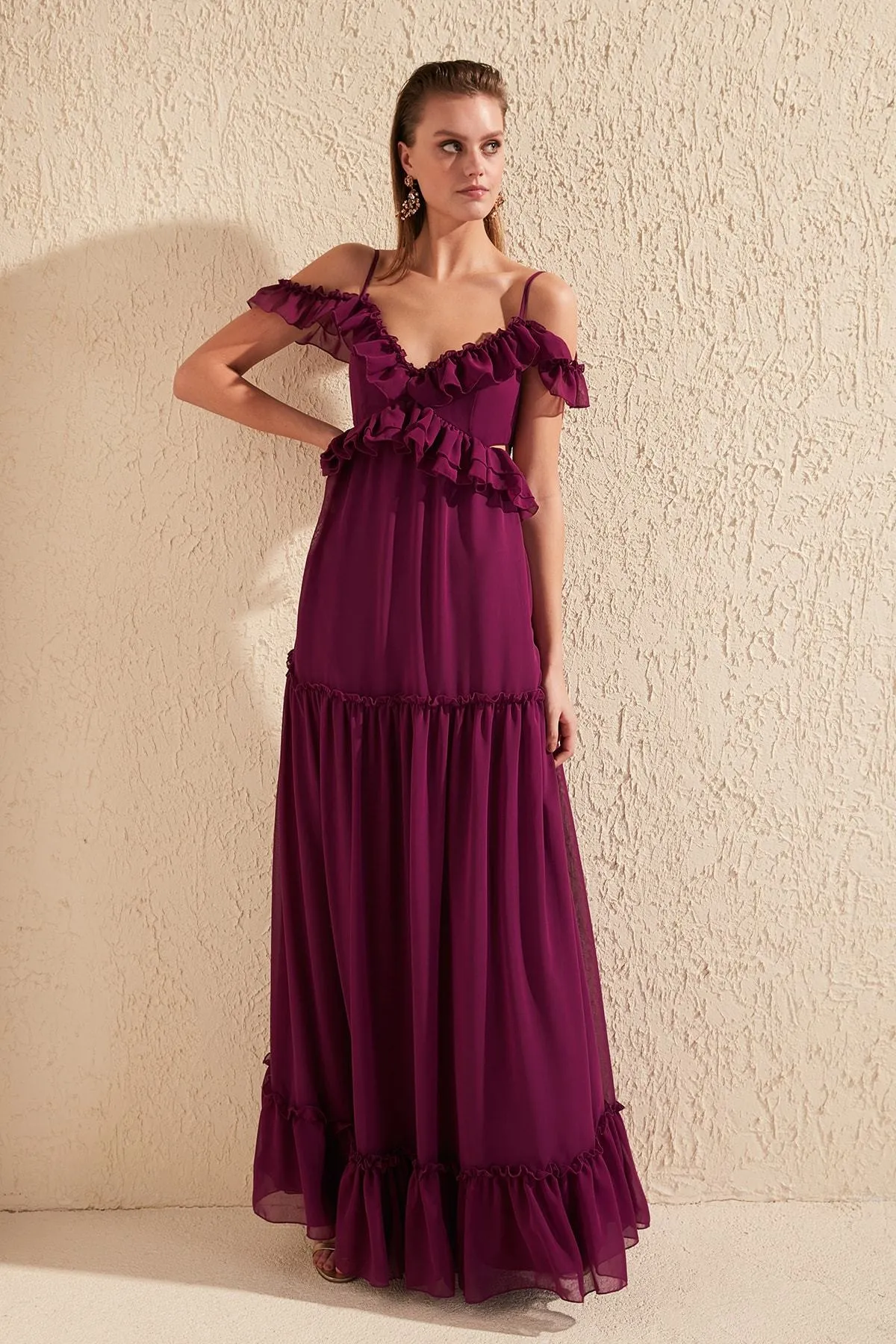 16430 Plum Cutout Chiffon Strap Dress