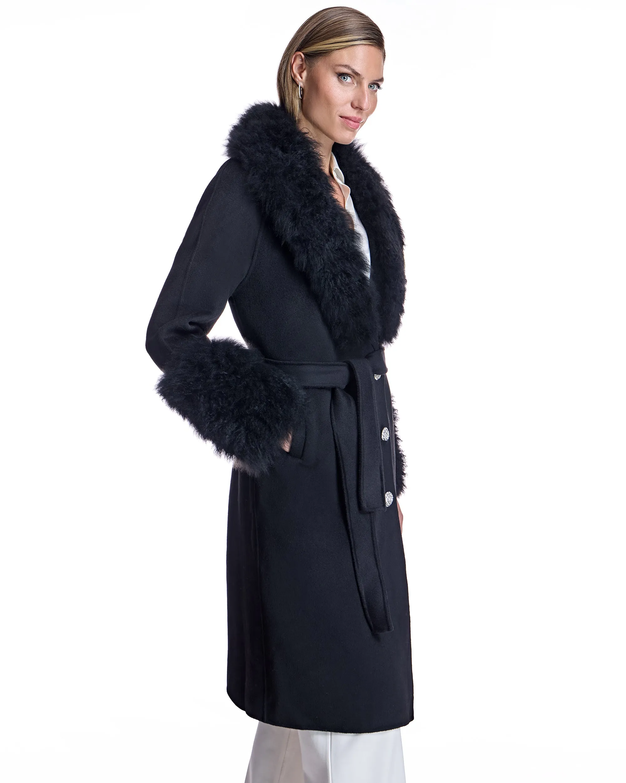 Belted Wool Coat with Cashmere Goat Trim