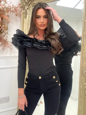 Danika black frill shoulder top