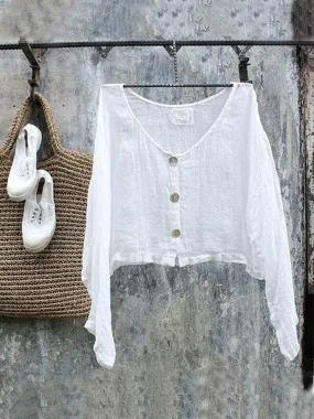 Dunnmall Casual Long Sleeve Linen Round Neck Plus Size Tops