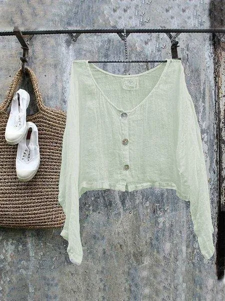 Dunnmall Casual Long Sleeve Linen Round Neck Plus Size Tops