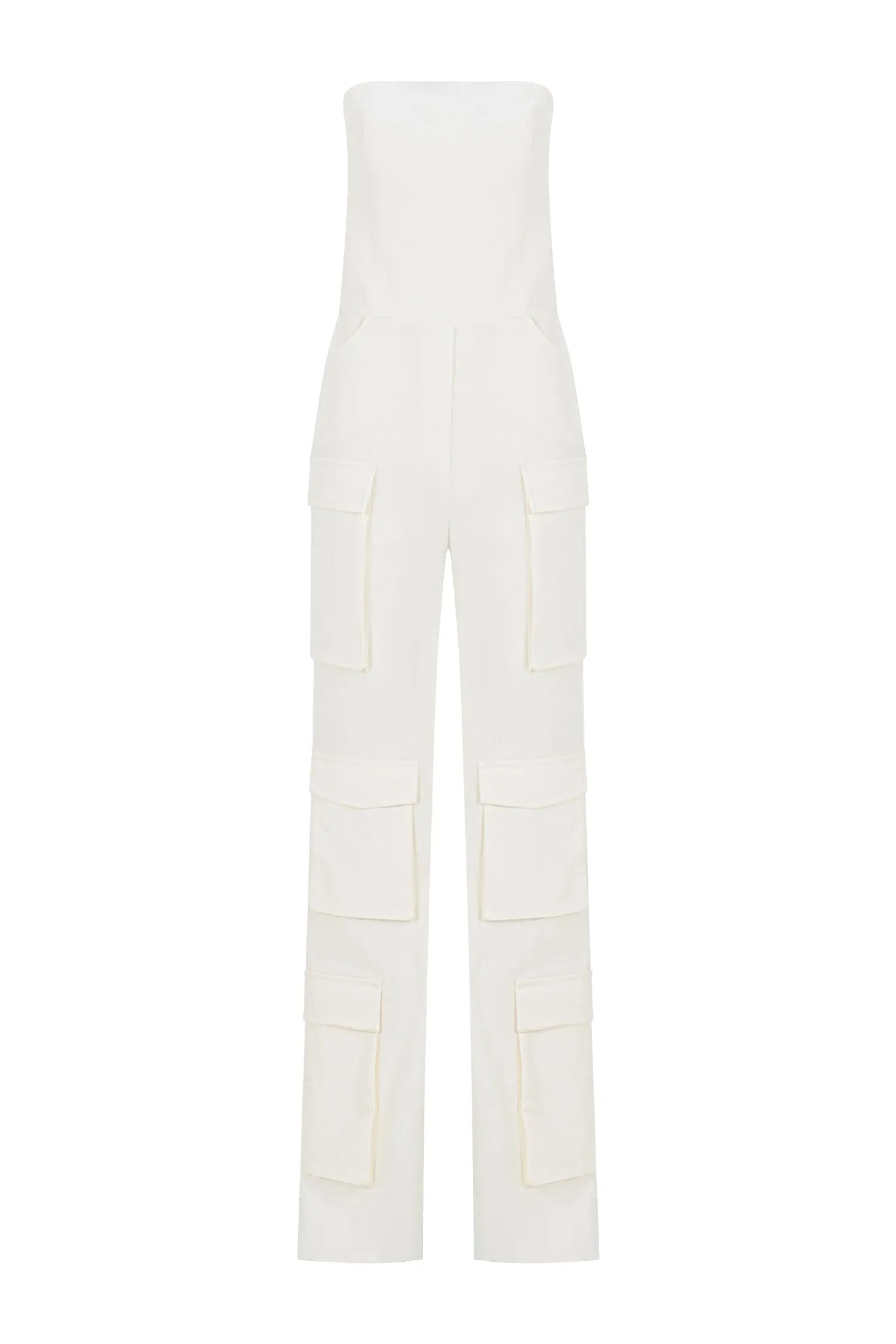 ECRU STRAPLESS POCKET DETAILED CANVAS CARGO JUMPSUIT