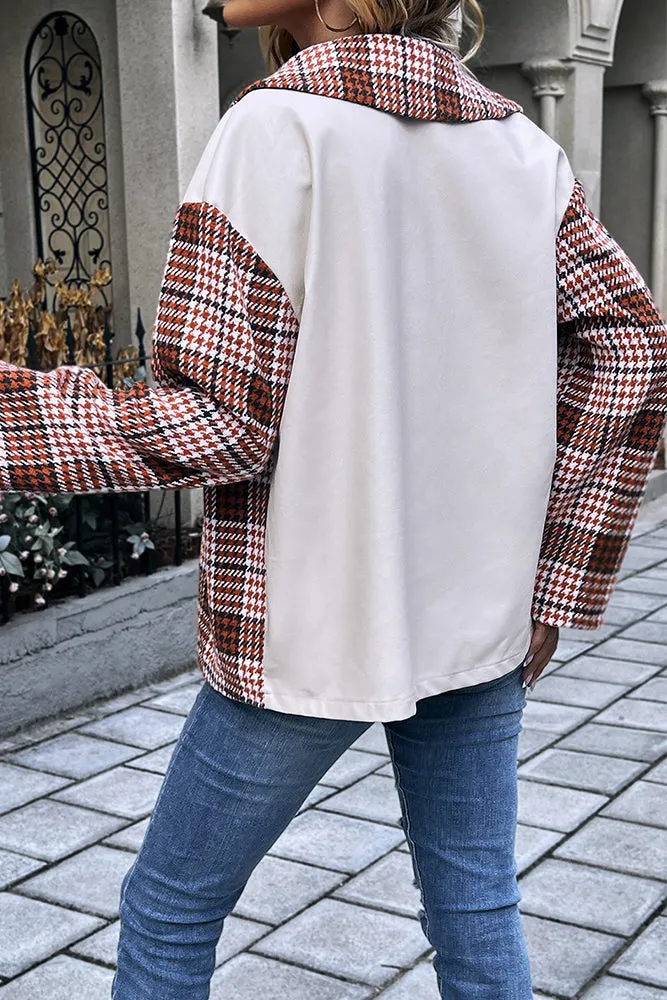 Faux Leather Splicing Plaid Open Button Jackets