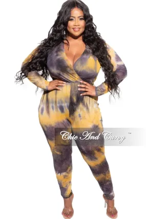 Final Sale Plus Size Faux Wrap Mesh Jumpsuit in Black & Yellow Tie Dye