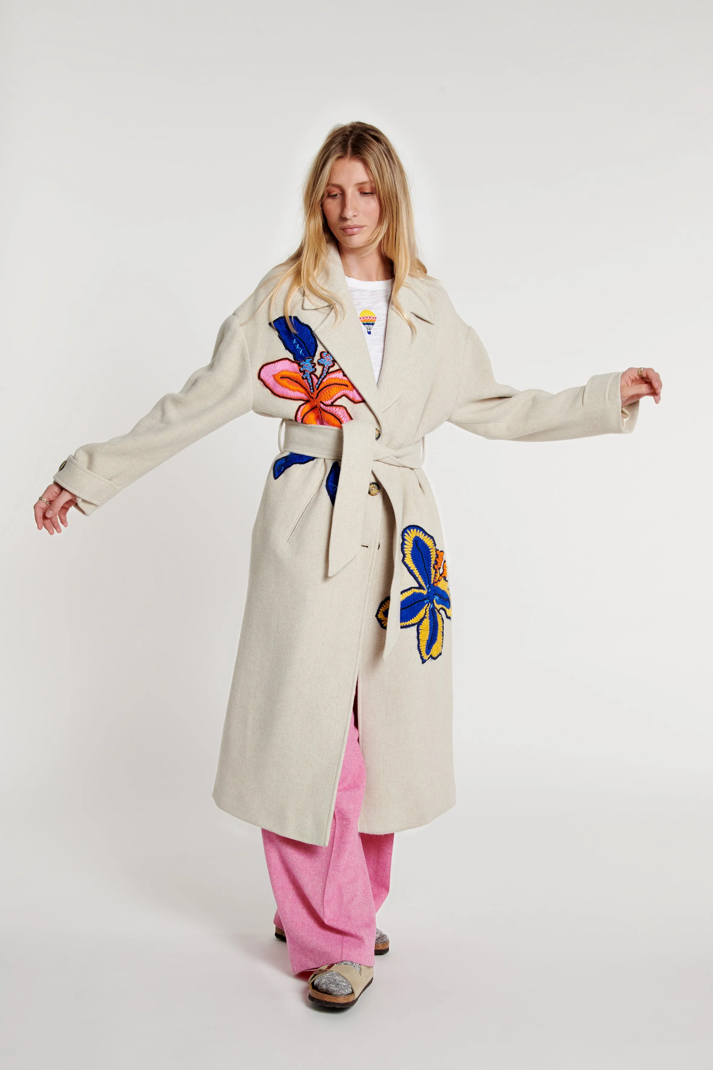Flower Embroidered Belted Coat