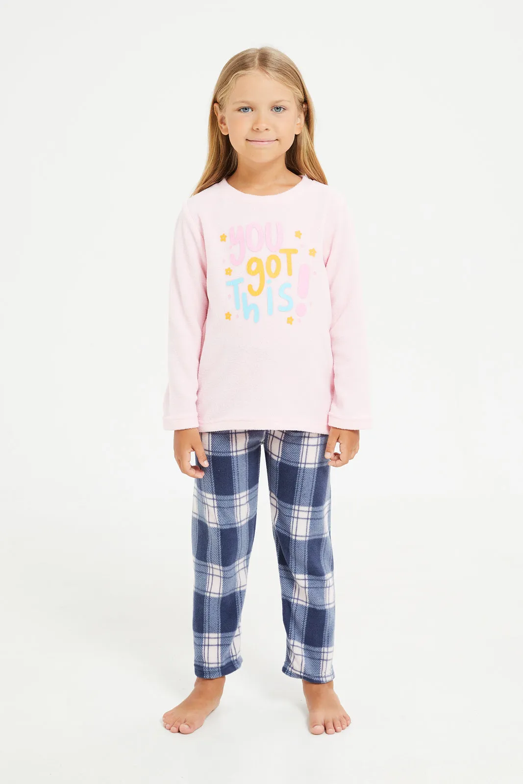 Girls Pink And Navy Printed Pyjama Set (2 Piece)