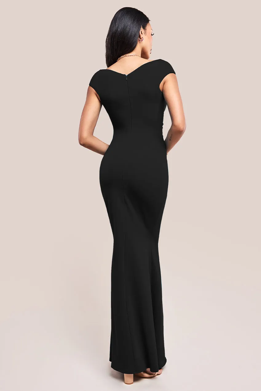 Goddiva Bardot Pleated Maxi Dress - Black