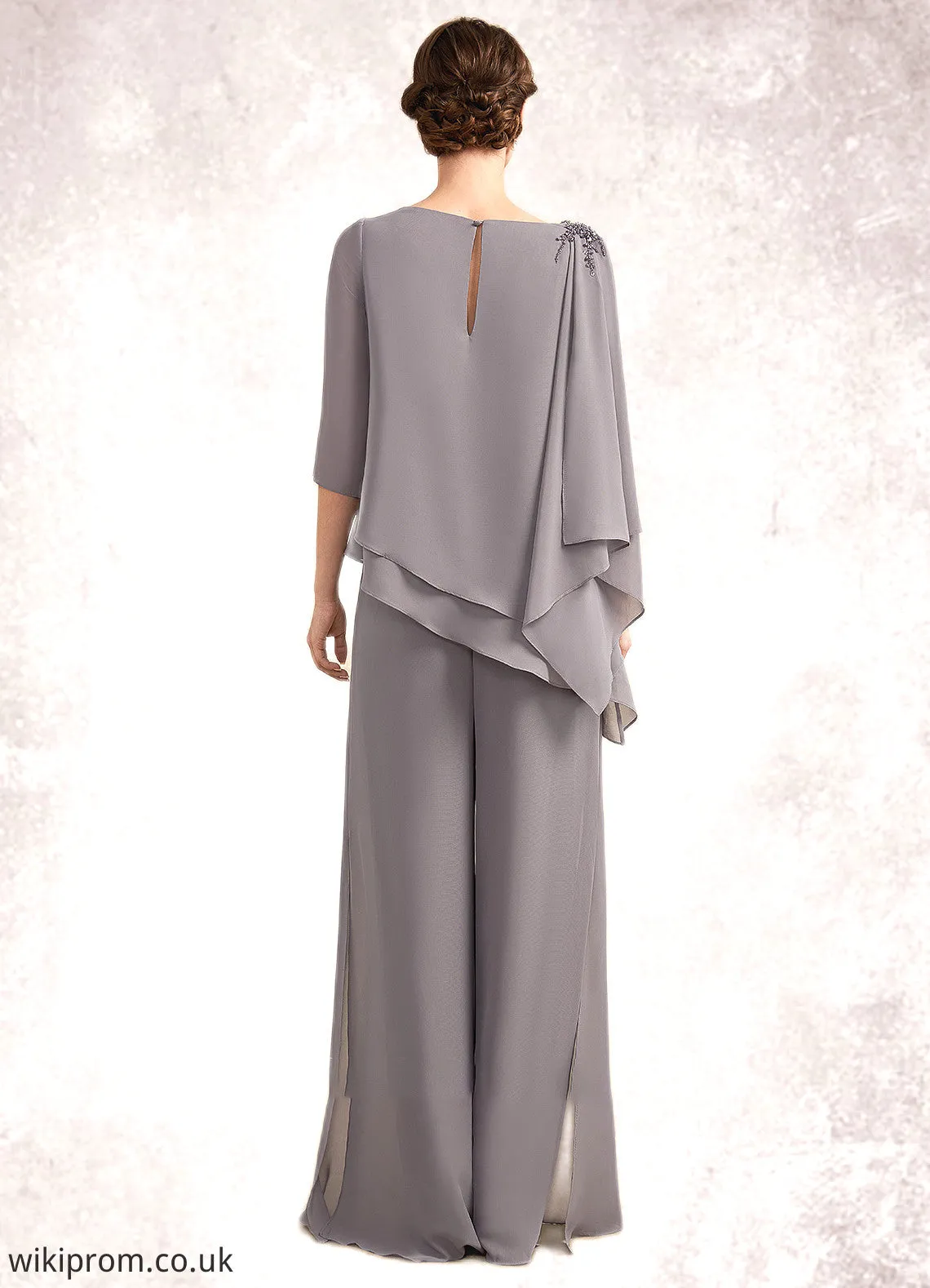Jazlyn Jumpsuit/Pantsuit Scoop Neck Floor-Length Chiffon Mother of the Bride Dress With Beading SWK126P0014630