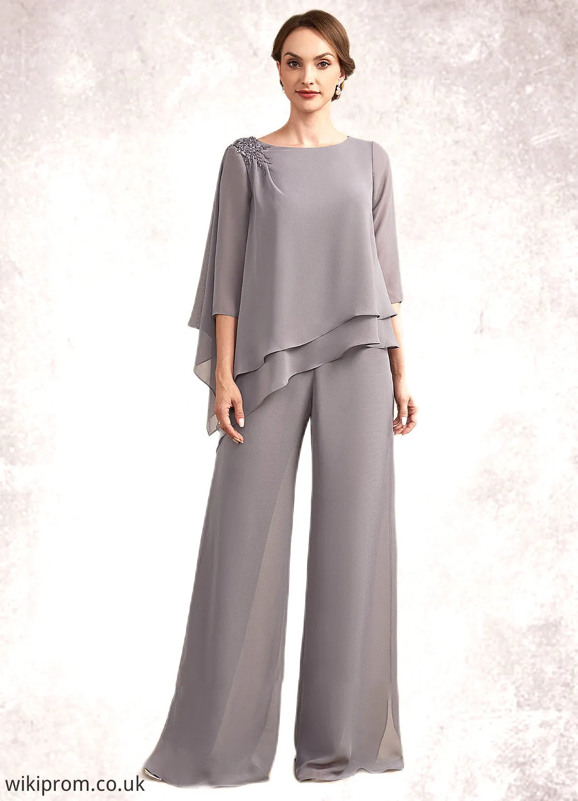 Jazlyn Jumpsuit/Pantsuit Scoop Neck Floor-Length Chiffon Mother of the Bride Dress With Beading SWK126P0014630