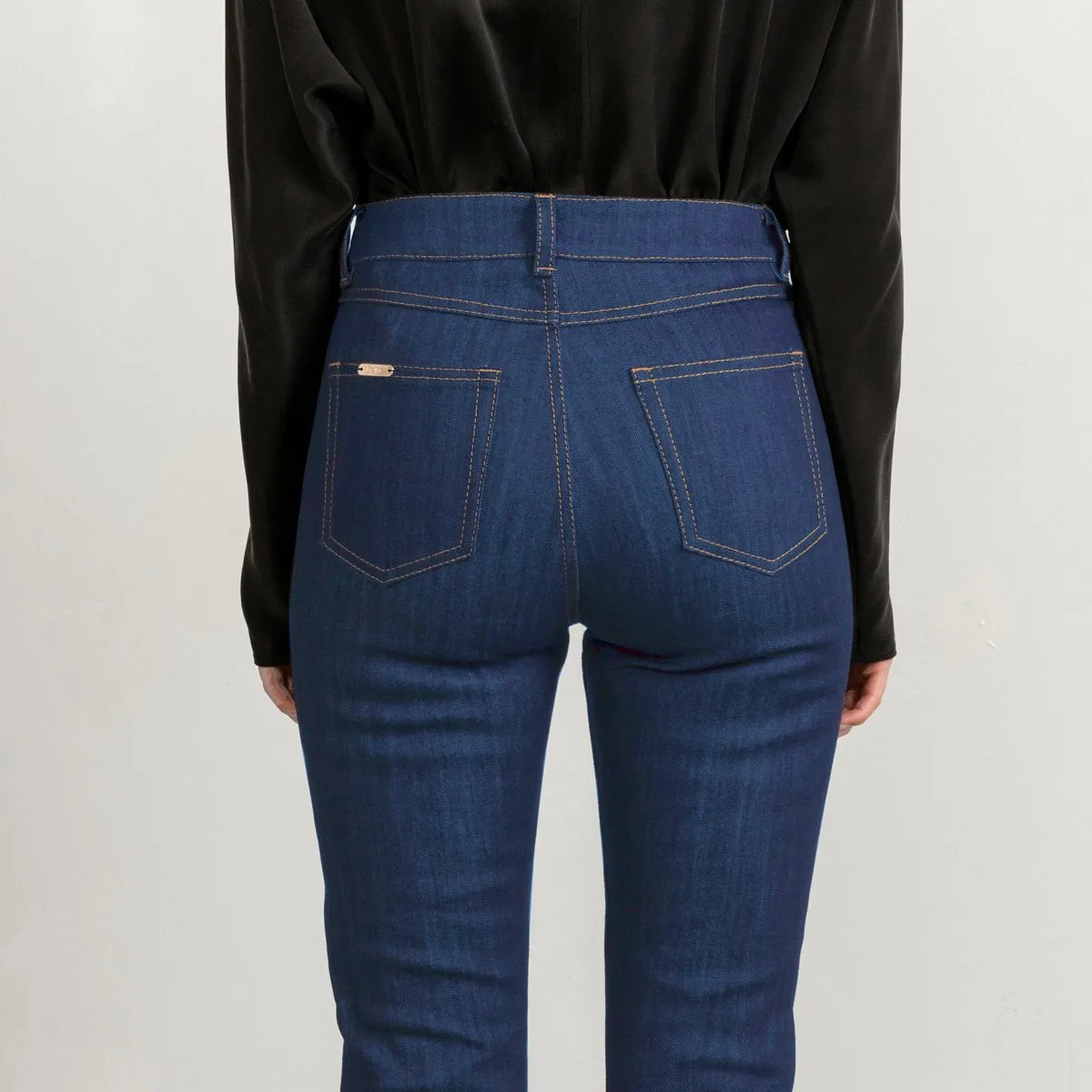 Long Flared Jeans In Mid Blue With Sand Stitch