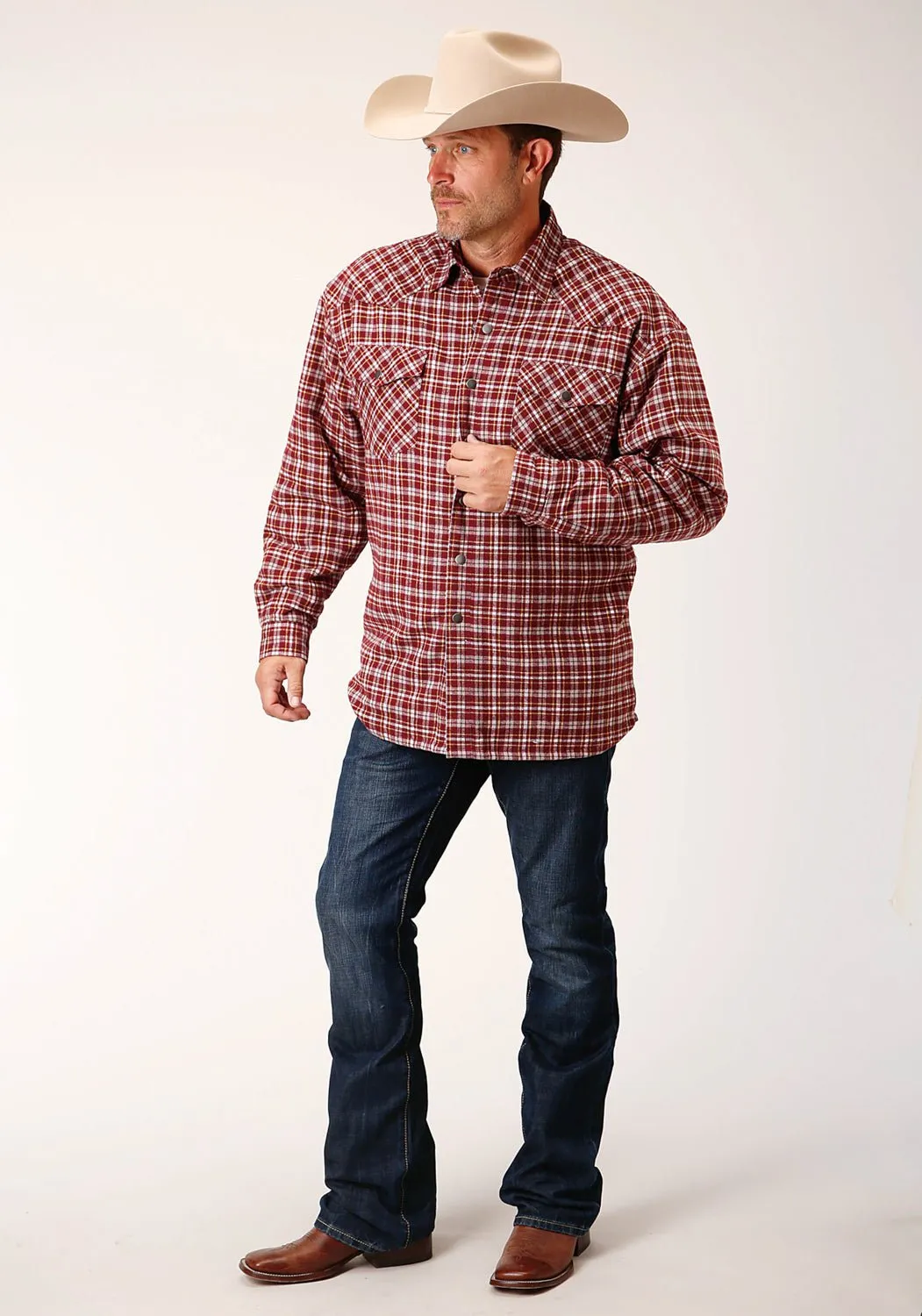 Roper Mens Snap Lined Wine 100% Cotton L/S Shirt