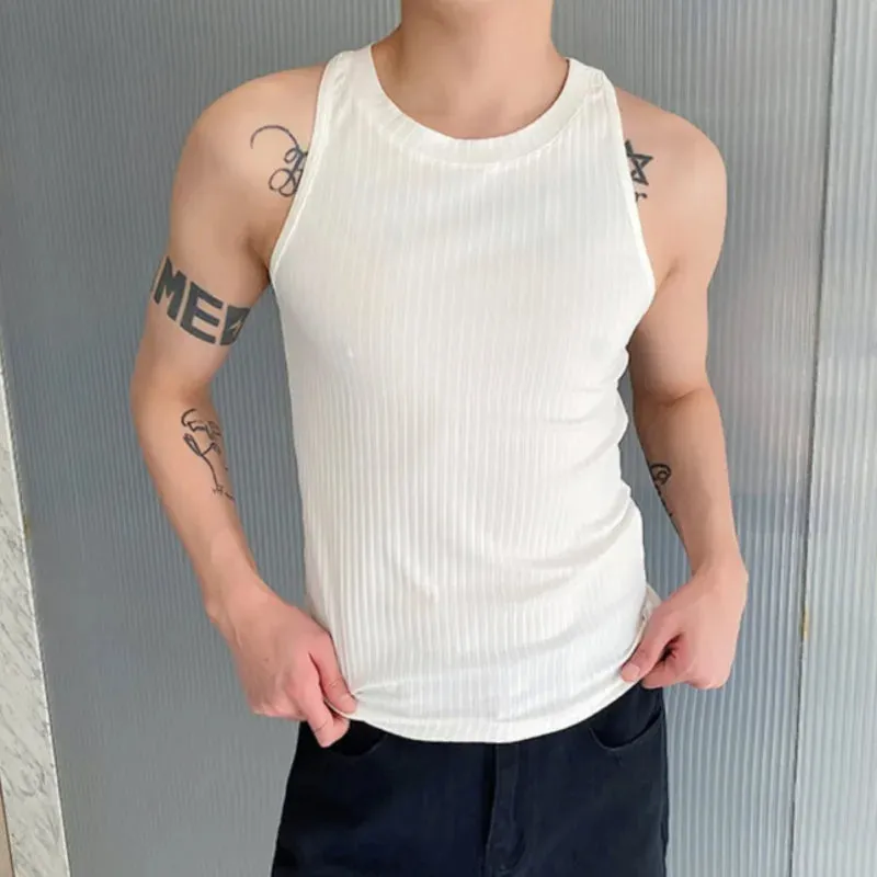 Solid Elastic Knitted O-Neck Tank Top
