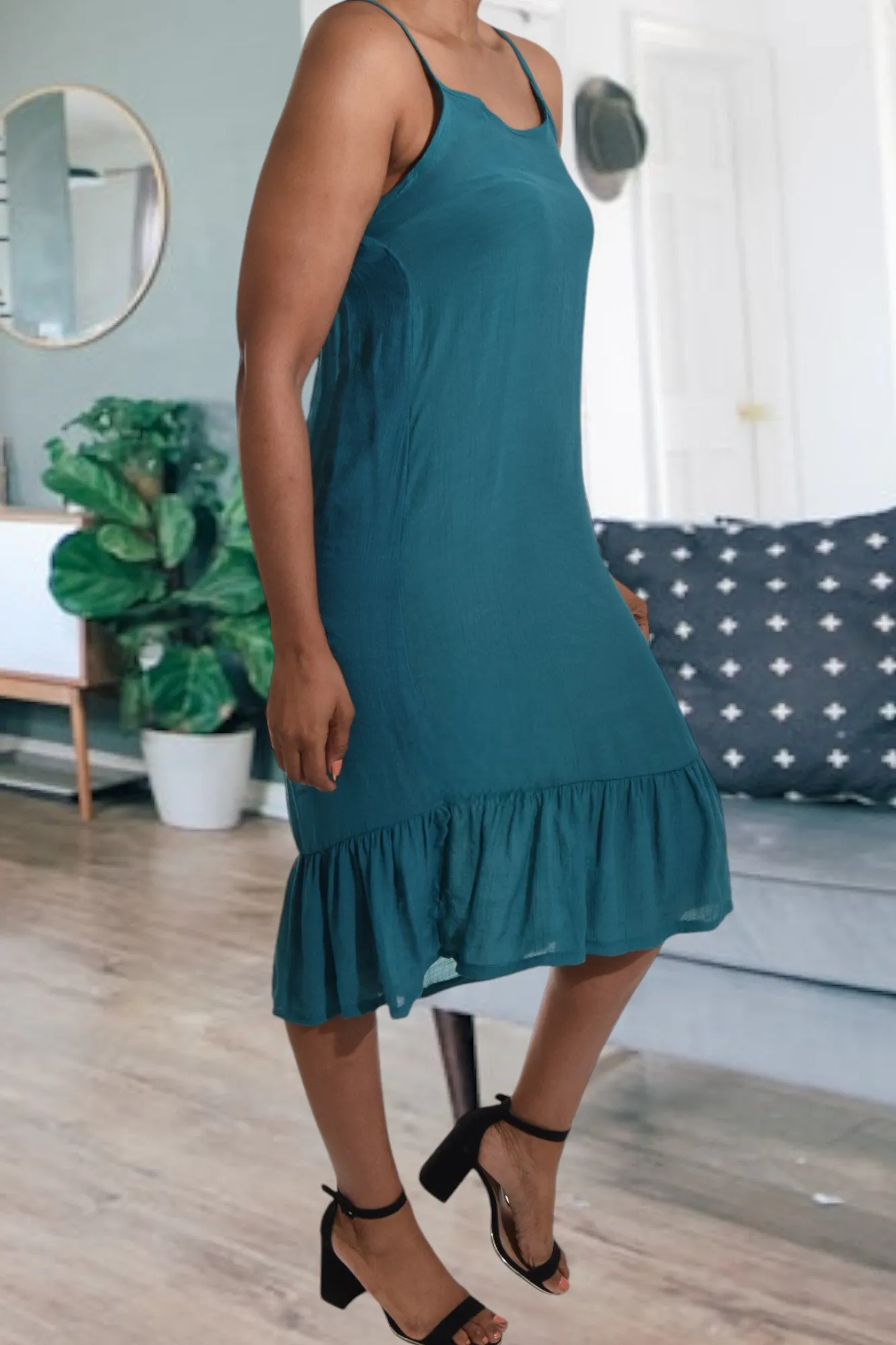 Teal Strappy Ruffle Hem Dress