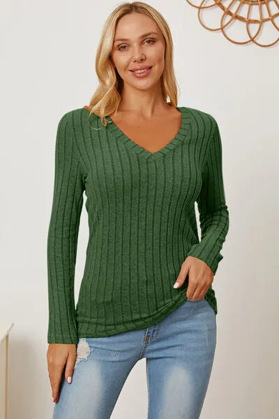 Women's Basic Bae Full Size Ribbed V-Neck Long Sleeve T-Shirt