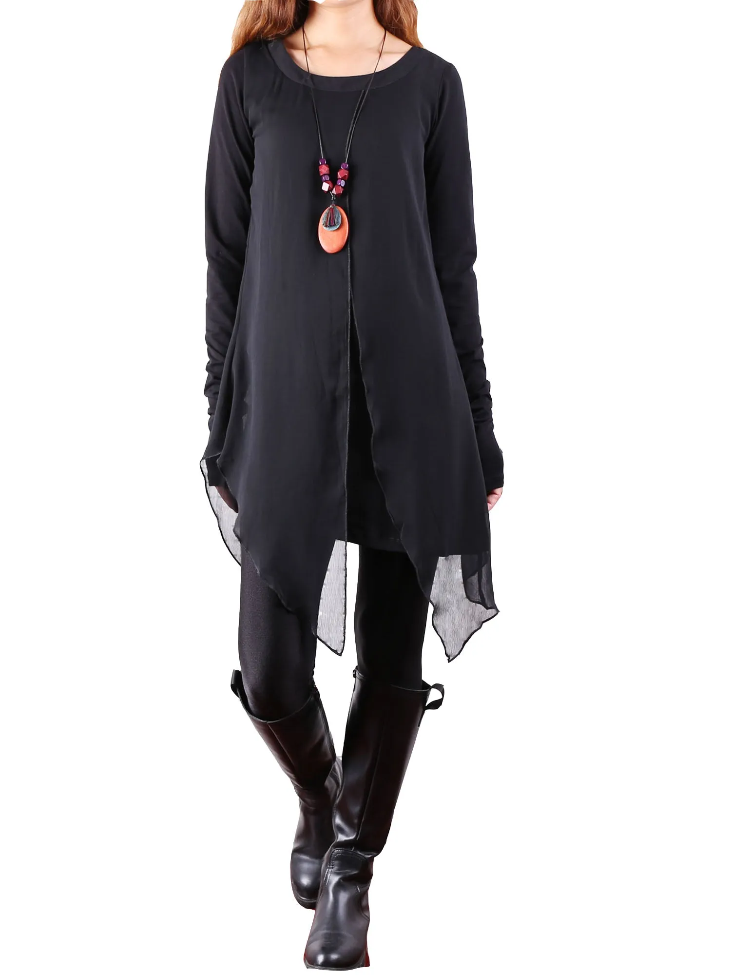 Womens Long Sleeve Top/Cotton and Chiffon Tunic Dress/Layered Cotton Top/Plus Size Tunic Top/Oversized T-shirt/Casual T-Shirt/Asymmetrical Dress(Y1702)