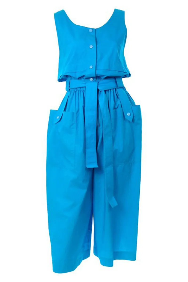 Yves Saint Laurent YSL Vintage Blue Cotton Jumpsuit W Pockets & Belt w Tags