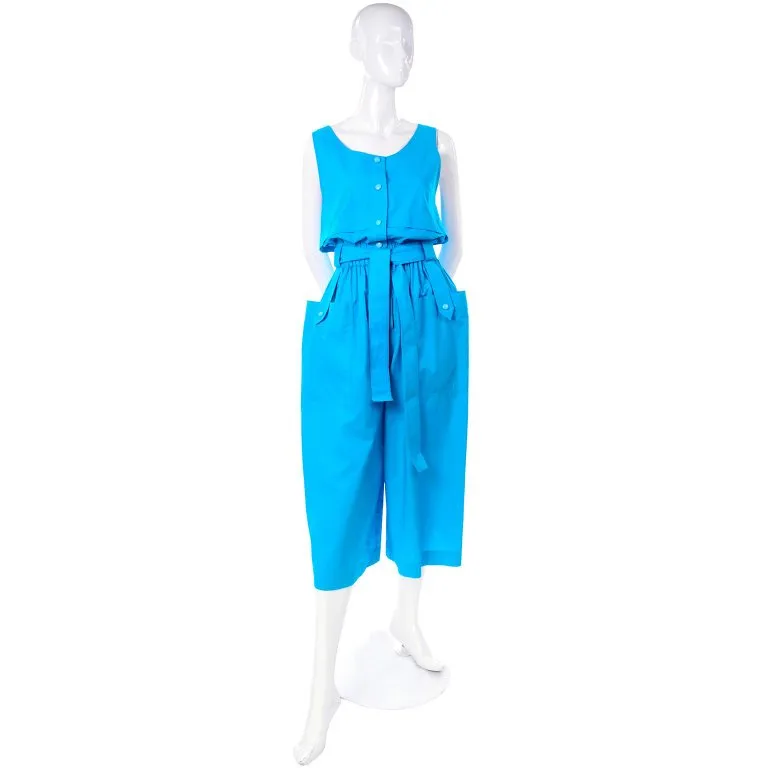 Yves Saint Laurent YSL Vintage Blue Cotton Jumpsuit W Pockets & Belt w Tags